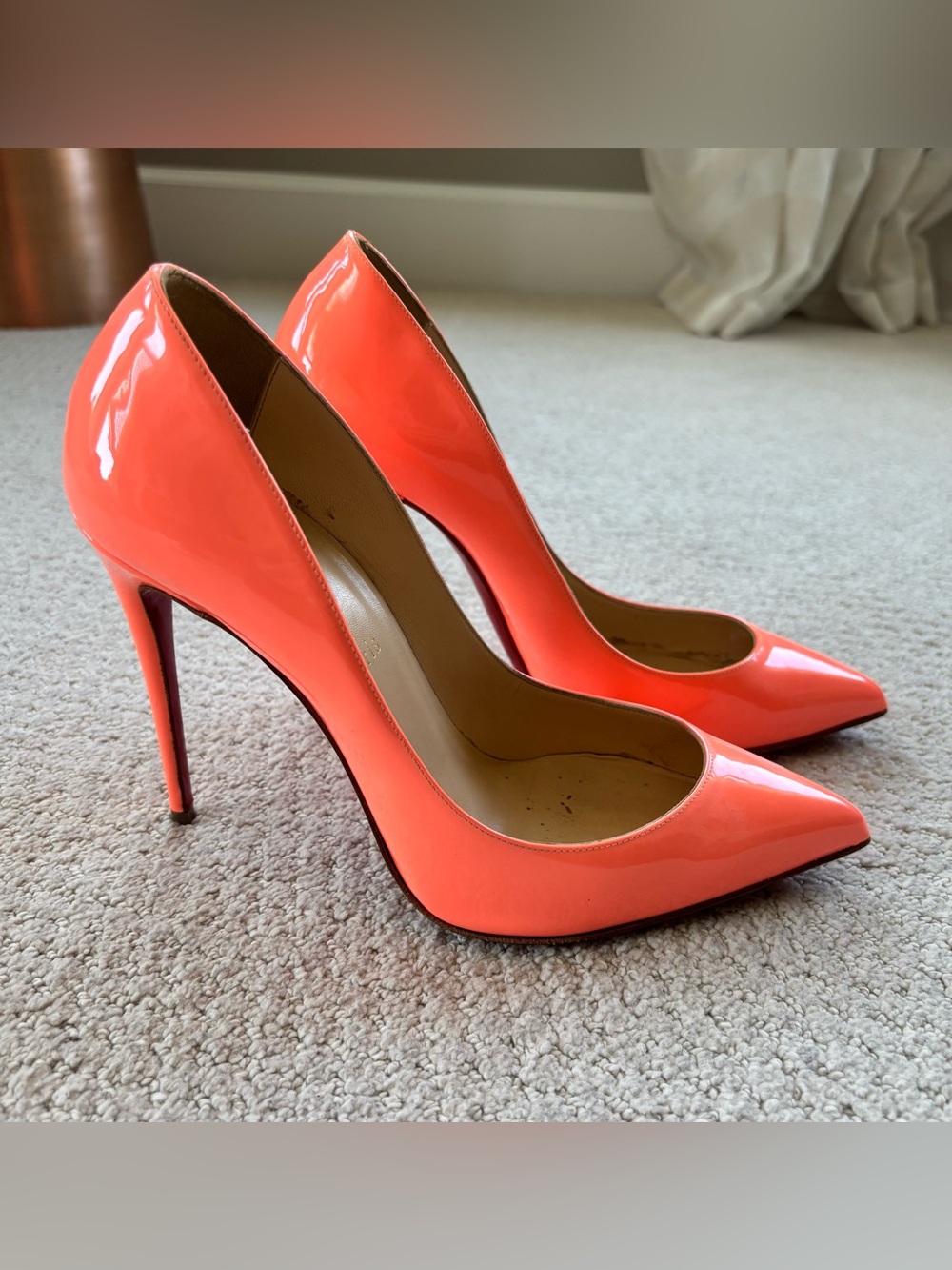 Christian Louboutin Pigalle Follies Flamingo Patent Pointed-Toe heel pumps